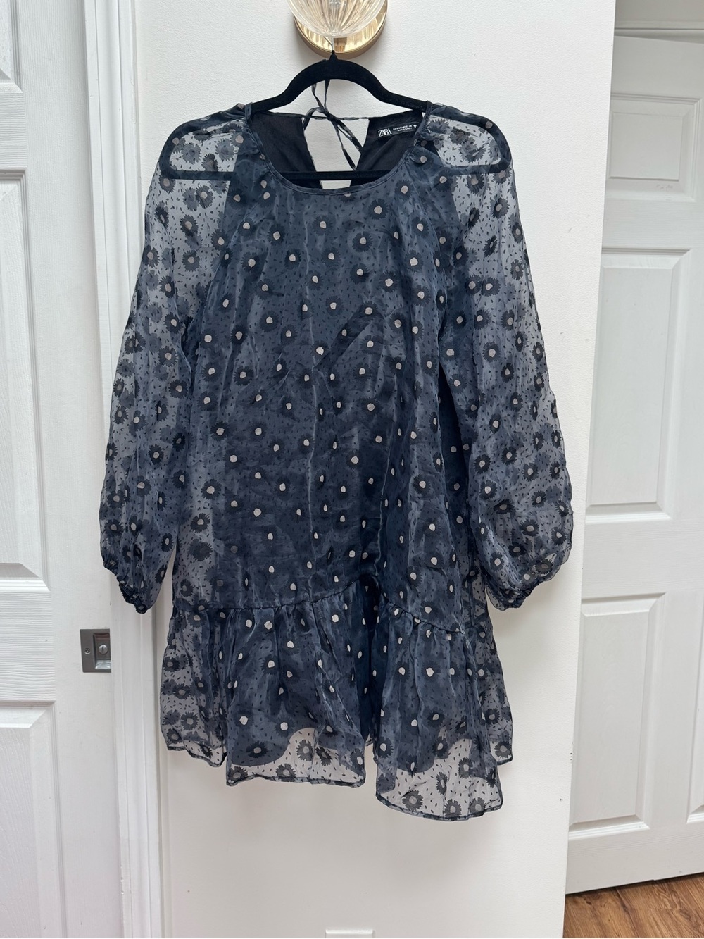 Zara Black Sheer Floral Polka Dot Long Sleeve Tiered Dress